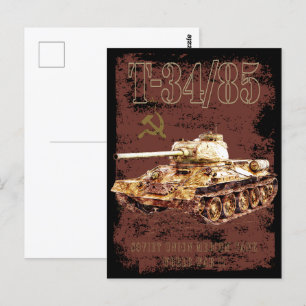 T-34-85 Soviet Union Medium Tank of WWII and Flag Postcard