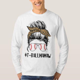 T-ball Mamaw Life Messy Bun Leopard Print Softball T-Shirt