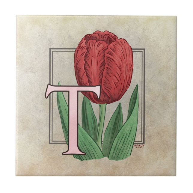 T for Tulip Flower Floral Monogram Art Tile (Front)