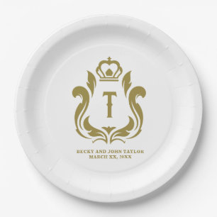 T Initial Monogram Gold Crest  Paper Plate