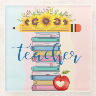 T is for Teacher Floral Pencil Books Apple Glass Coaster