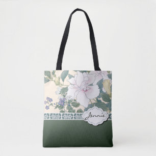 T Kônan Wood Block Print "Hibiscus and Browallia" Tote Bag