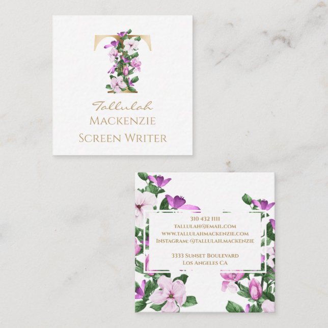T Letter Gold Monogram White Magenta Purple Floral Square Business Card (Front/Back)