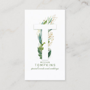 T Letter Monogram Gold Greenery Leaves Elegant Business Card