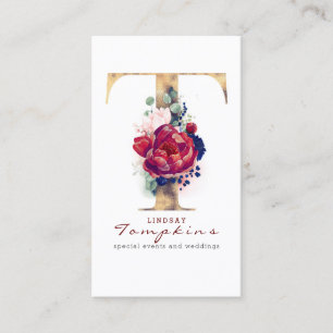 T Monogram Burgundy Gold and Navy Blue Floral Business Card