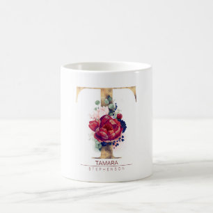T Monogram Floral Burgundy Red and Navy Blue Coffee Mug