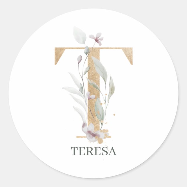 T Monogram Floral Personalised Classic Round Sticker (Front)