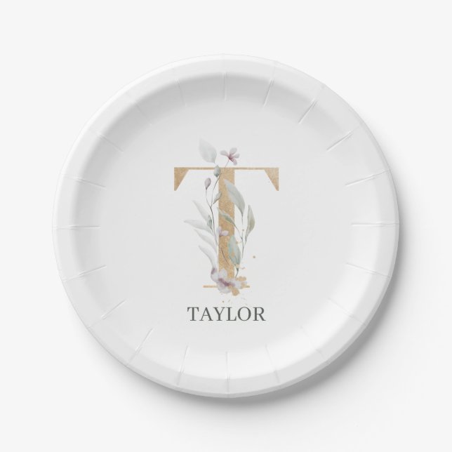 T Monogram Floral Personalised Paper Plate (Front)