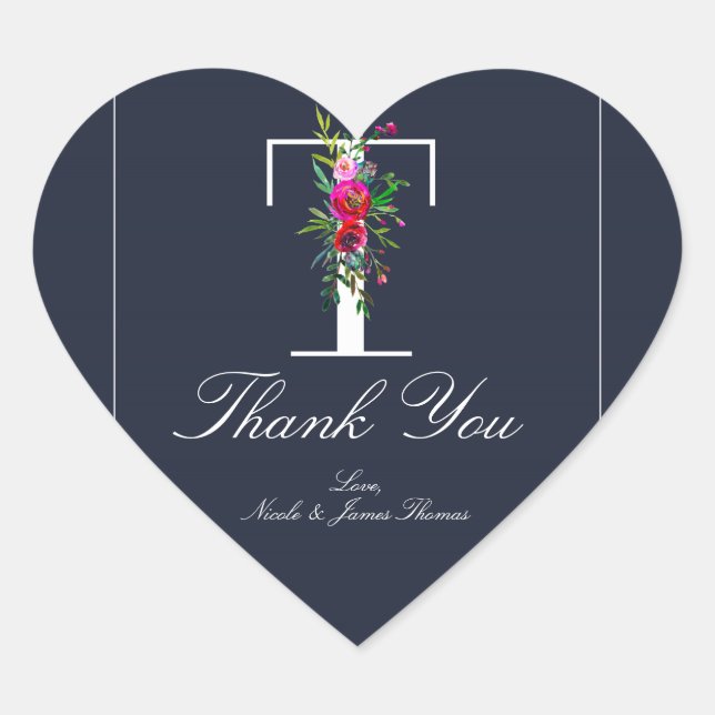 T Monogram Last Initial Modern Blue Floral Wedding Heart Sticker (Front)