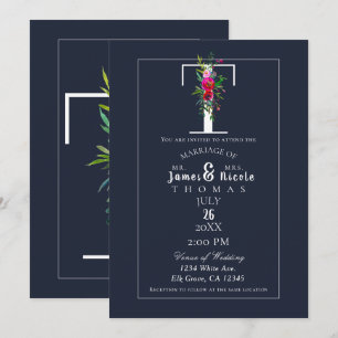 T Monogram Last Initial Modern Blue Floral Wedding Invitation