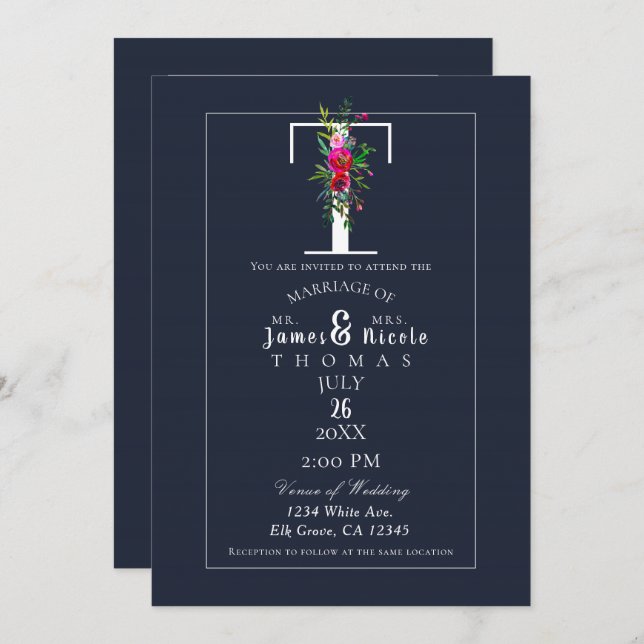 T Monogram Last Initial Modern Blue Floral Wedding Invitation (Front/Back)