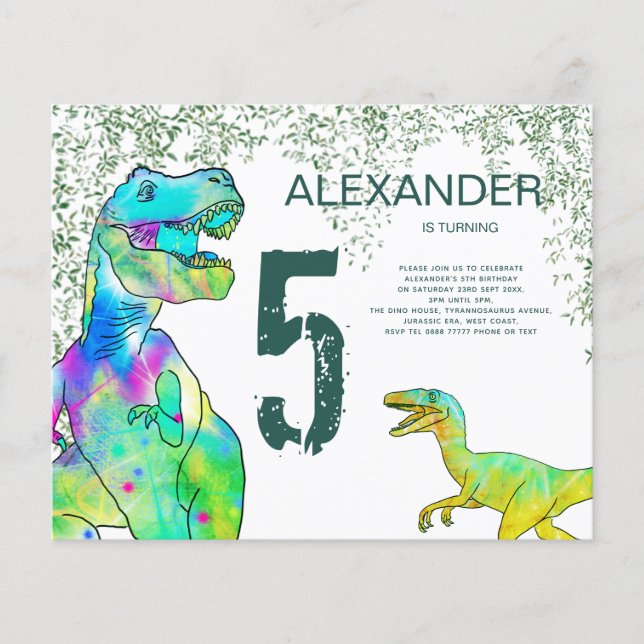 T Rex 5th Birthday Party Budget Invitation Flyer (Front)