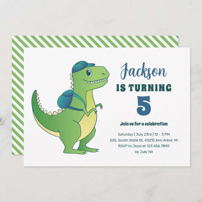 T-Rex and Backpack School Kids Dinosaur Birthday Invitation (Front/Back)