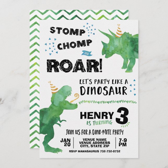 T Rex and Triceratops Dinosaur Birthday Invitation (Front/Back)