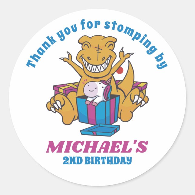 T-Rex and Unicorn Dinosaur Kids Birthday Party Classic Round Sticker (Front)