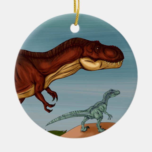 T-Rex and Velociraptor Ceramic Tree Decoration (Front)