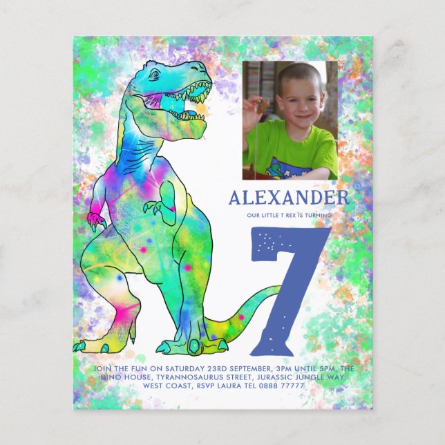 T Rex Birthday Party Photo Budget Flyer (Front)