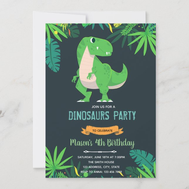 T rex birthday theme invitation (Front)
