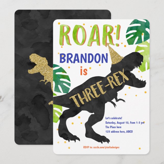 T-Rex, Boy, Third Birthday, Dinosaur Invitation (Front/Back)