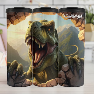 T-Rex Breaking Rock Mountainside Roar Thermal Tumbler