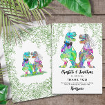 T-Rex Bride and Groom Dinosaur Wedding Thank You Card<br><div class="desc">Thank your wedding guests for being roarsome with this funny colourful dinosaur bride and groom wedding thank you card. Fun psychedelic T-Rex bride and groom in purple pink green blue yellow and orange with Jurassic jungle foliage and modern whimsical typography with easy to use templates. Original dino artwork and foliage...</div>