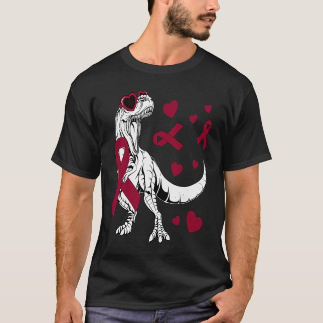 T Rex & Burgundy Ribbon Multiple Myeloma Awareness T-Shirt (Front)