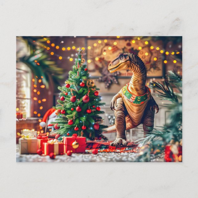 T-Rex Celebrating Christmas by Tree Holiday Postcard (Front)