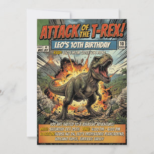 T Rex Comic Magazine Cover Boys Birthday Party  Invitation