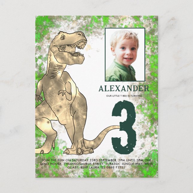 T Rex Dino Jungle 3rd Birthday Party Photo Invitation Postcard (Front)