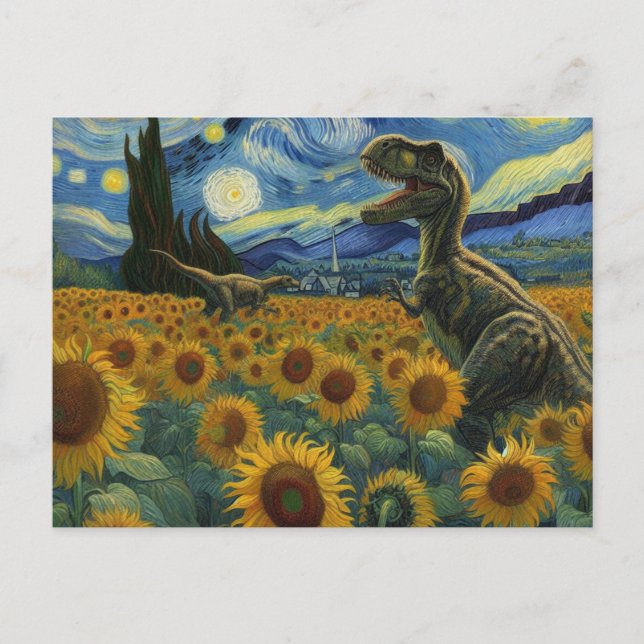 T-Rex Dinos in Van Gogh Starry Night Sunflowers Postcard (Front)