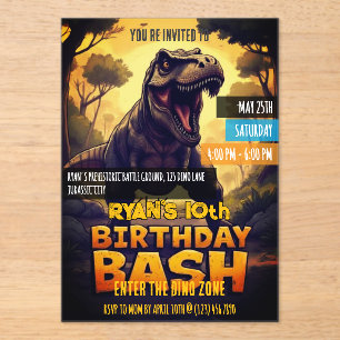 T Rex Dinosaur 10th Year Birthday Bash Party  Acrylic Invitations