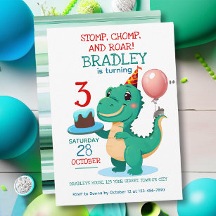 T Rex Dinosaur 3rd Birthday Party Invitation