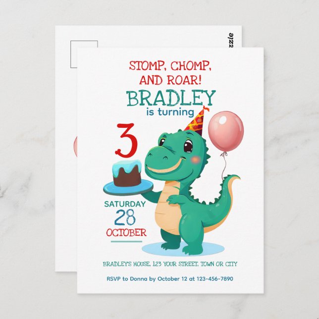 T Rex Dinosaur 3rd Birthday Party Invitation Postcard (Front/Back)