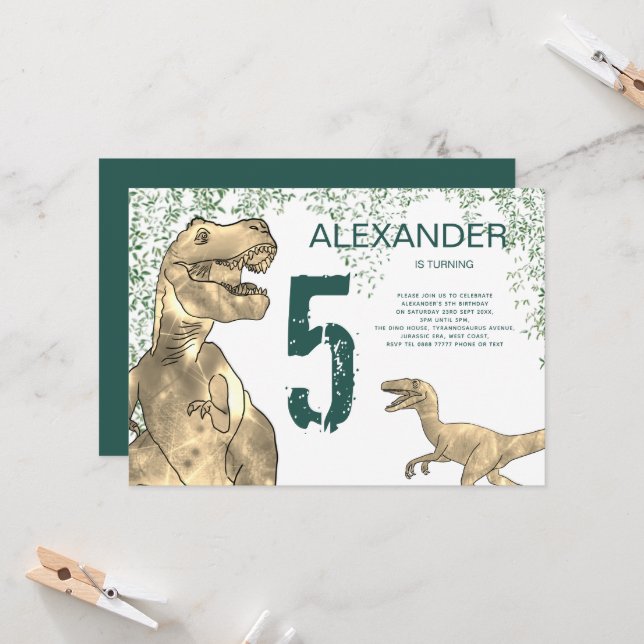 T Rex Dinosaur 5th Birthday Party Invitation (Front/Back In Situ)