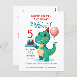 T Rex Dinosaur 5th Birthday Party Invitation Postcard
