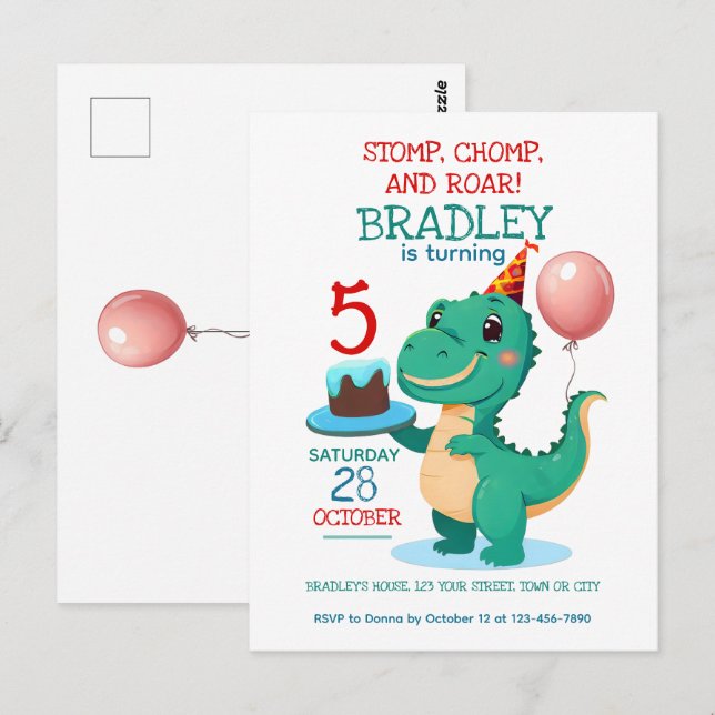 T Rex Dinosaur 5th Birthday Party Invitation Postcard (Front/Back)