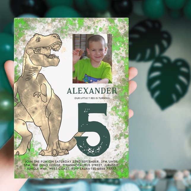 T-Rex Dinosaur 5th Birthday Party Invitation Postcard (T-Rex dinosaur 5th birthday party with photo template watercolor Jurassic jungle)