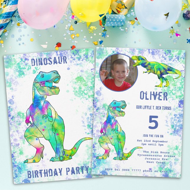 T. rex Dinosaur 5th Birthday Photo Green Blue Invitation (Colorful T-Rex Dinosaur Boys 5th Birthday Party invitation with watercolor splatters )
