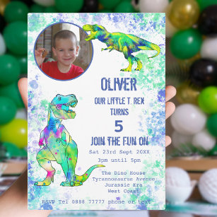 T rex Dinosaur 5th Birthday Photo Green Blue Invitation
