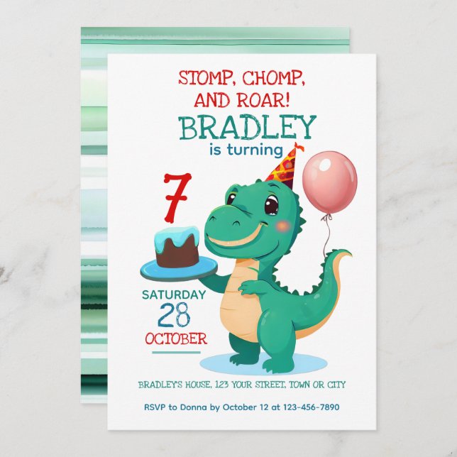 T Rex Dinosaur 7th Birthday Party Invitation (Front/Back)