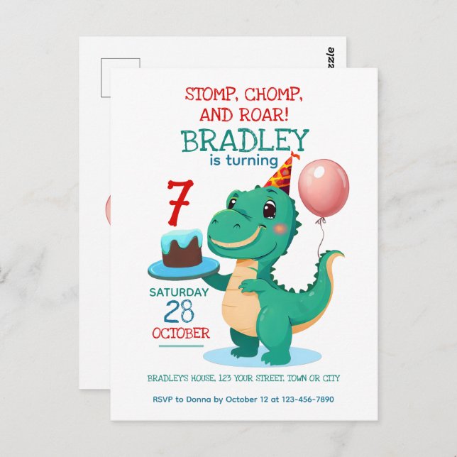 T Rex Dinosaur 7th Birthday Party Invitation Postcard (Front/Back)