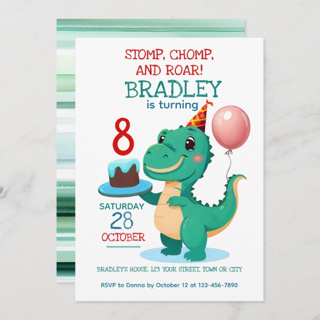 T Rex Dinosaur 8th Birthday Party Invitation (Front/Back)