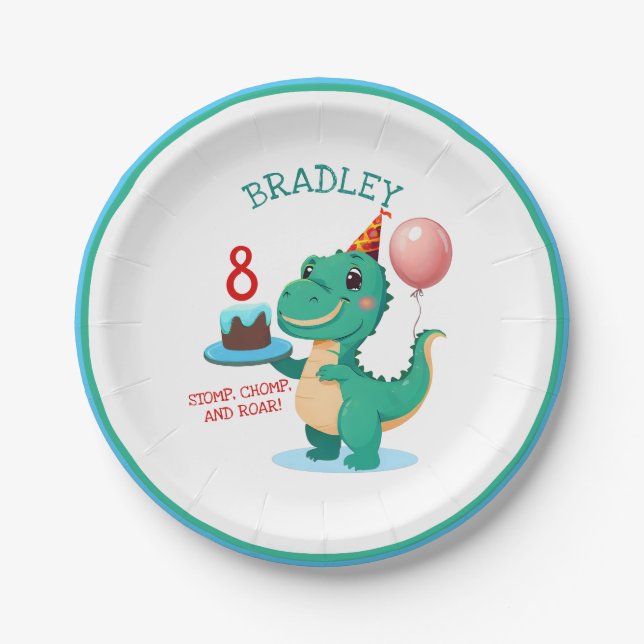 T Rex Dinosaur 8th Birthday Party Paper Plate (Front)