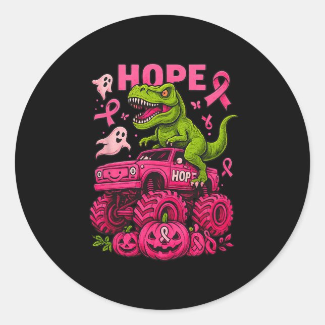 T Rex Dinosaur And Monster Truck Breast Cancer Boo Classic Round Sticker (Front)