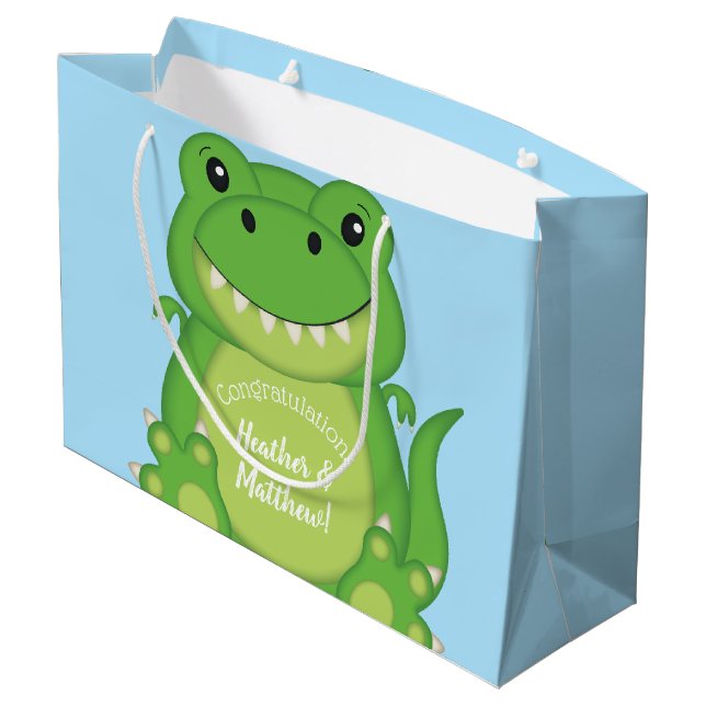 T-Rex Dinosaur Baby Shower Blue Large Gift Bag (Back Angled)