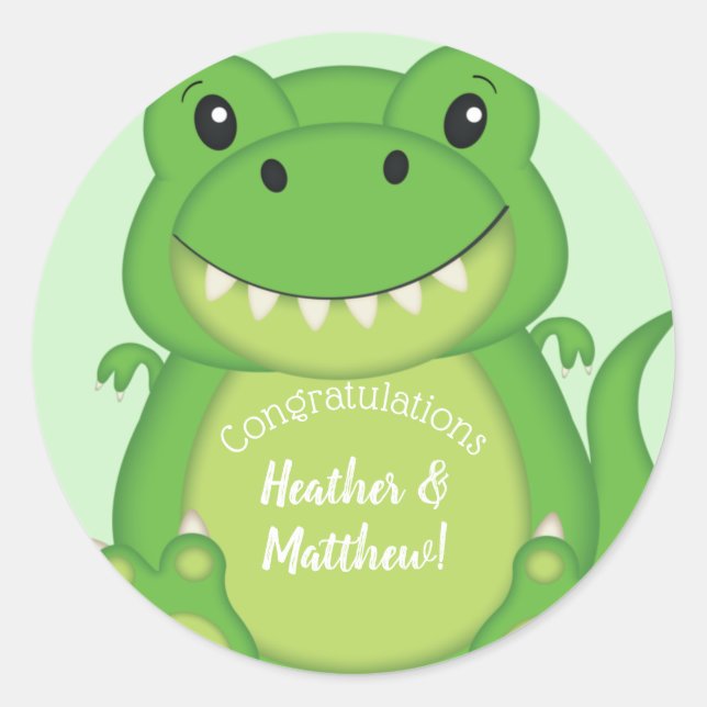T-Rex Dinosaur Baby Shower Green Classic Round Sticker (Front)