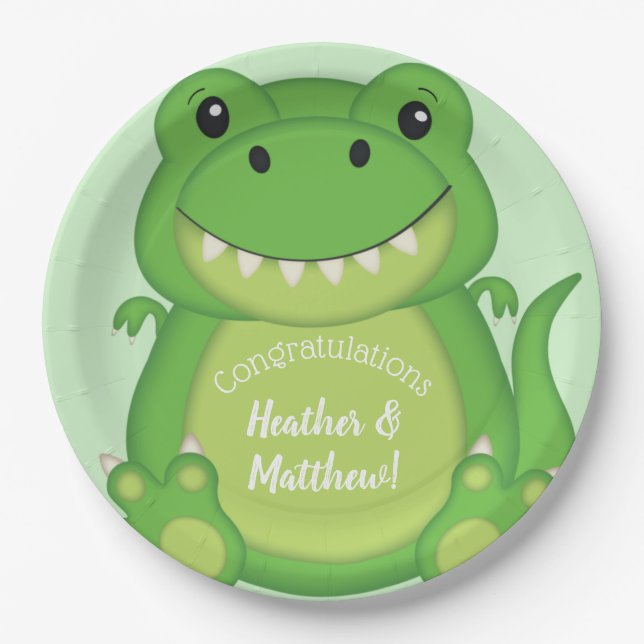 T-Rex Dinosaur Baby Shower Green Paper Plate (Front)