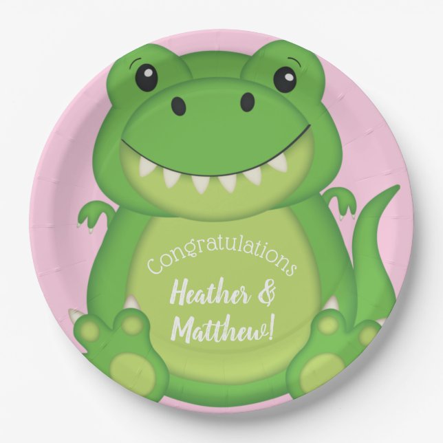 T-Rex Dinosaur Baby Shower Pink Paper Plate (Front)