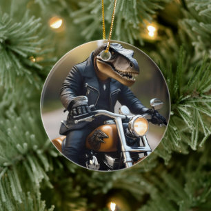 T-Rex Dinosaur Bikie On A Motorbike, Ceramic Tree Decoration