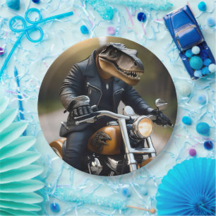 T-Rex Dinosaur Bikie On A Motorbike, Paper Plate